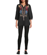 Calessa Woven Embroidered Split V-Neck 3/4 Sleeve Tunic