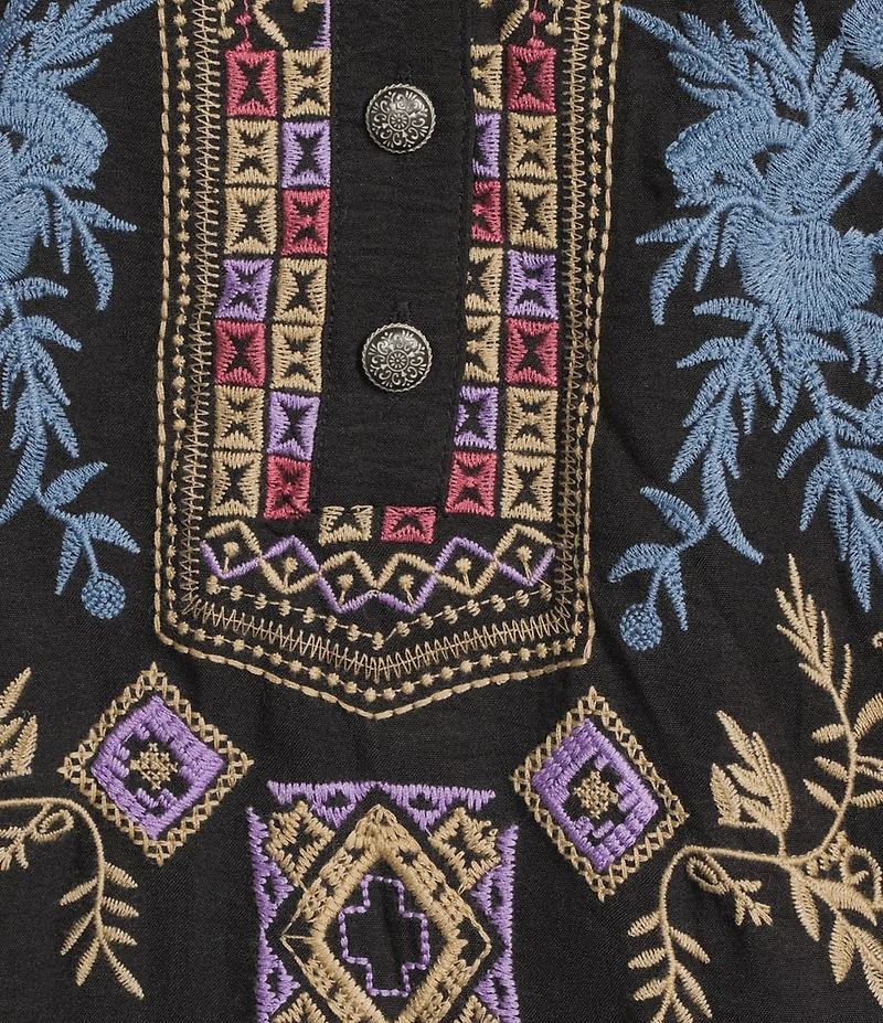 Calessa Woven Embroidered Split V-Neck 3/4 Sleeve Tunic