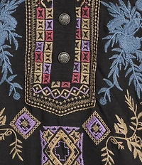 Calessa Woven Embroidered Split V-Neck 3/4 Sleeve Tunic