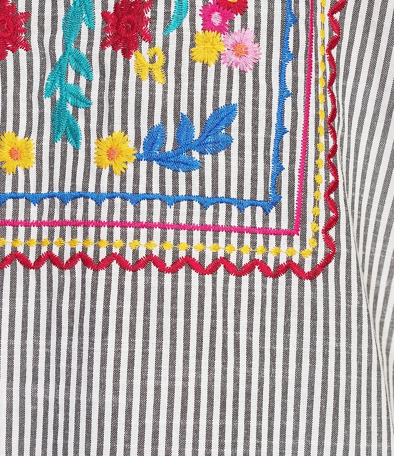 Calessa Woven Embroidered Split V-Neck Elbow Length Balloon Sleeve Tunic