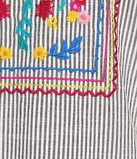 Calessa Woven Embroidered Split V-Neck Elbow Length Balloon Sleeve Tunic