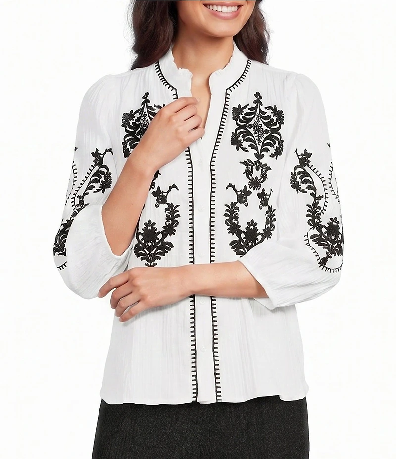 Calessa Woven Embroidered Split V-Neck Elbow Length Sleeve Button Front Tunic