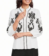 Calessa Woven Embroidered Split V-Neck Elbow Length Sleeve Button Front Tunic