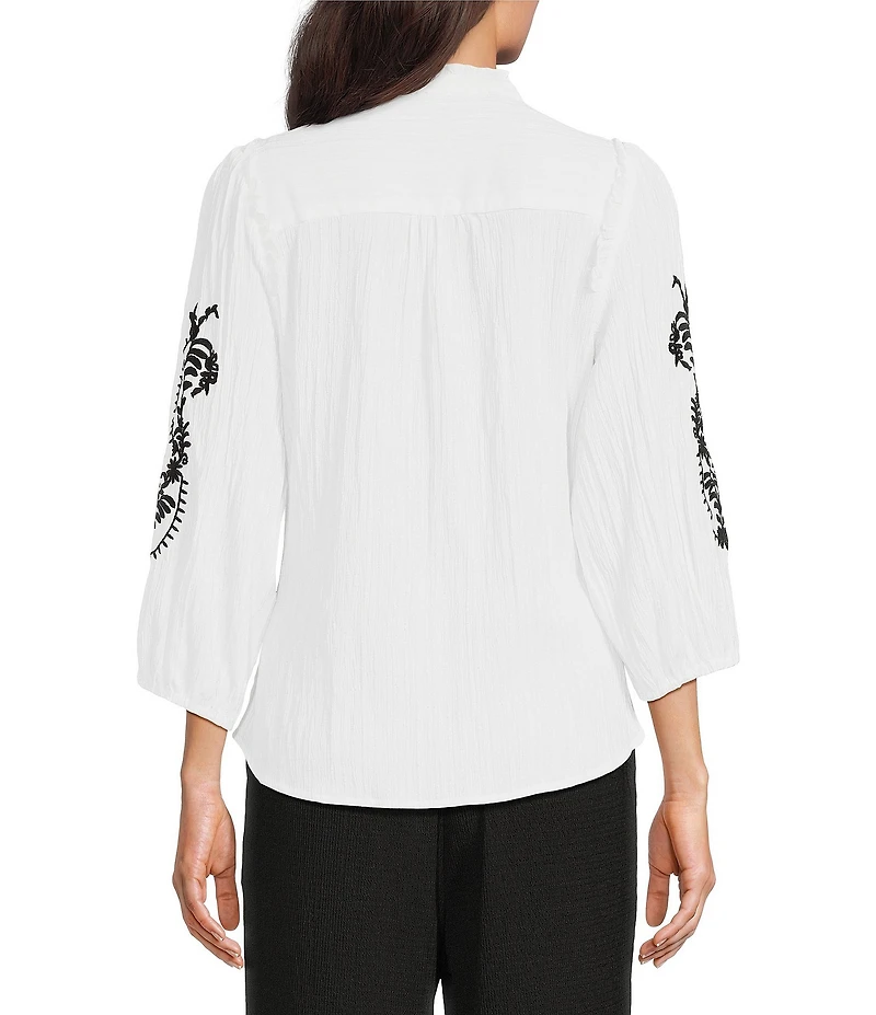 Calessa Woven Embroidered Split V-Neck Elbow Length Sleeve Button Front Tunic