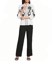 Calessa Woven Embroidered Split V-Neck Elbow Length Sleeve Button Front Tunic