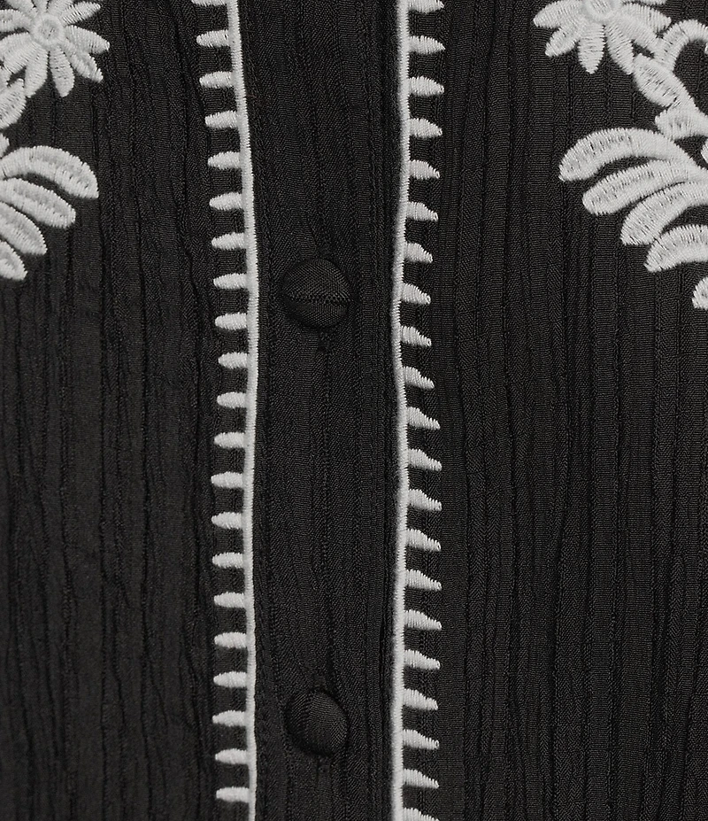 Calessa Woven Embroidered Split V-Neck Elbow Length Sleeve Button Front Tunic