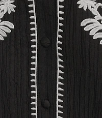 Calessa Woven Embroidered Split V-Neck Elbow Length Sleeve Button Front Tunic