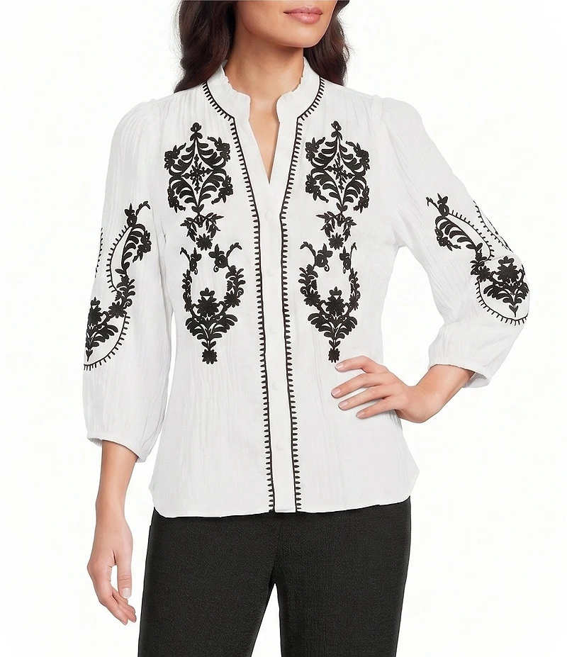 Calessa Embroidered Ruffle Split V-Neck 3/4 Sleeve Button Front Tunic