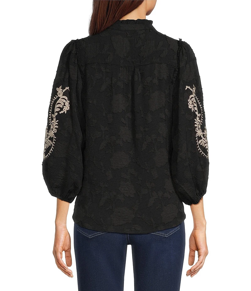 Calessa Woven Embroidered Split V-Neck Elbow Length Sleeve Top