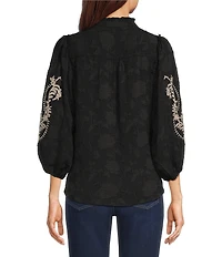 Calessa Woven Embroidered Split V-Neck Elbow Length Sleeve Top