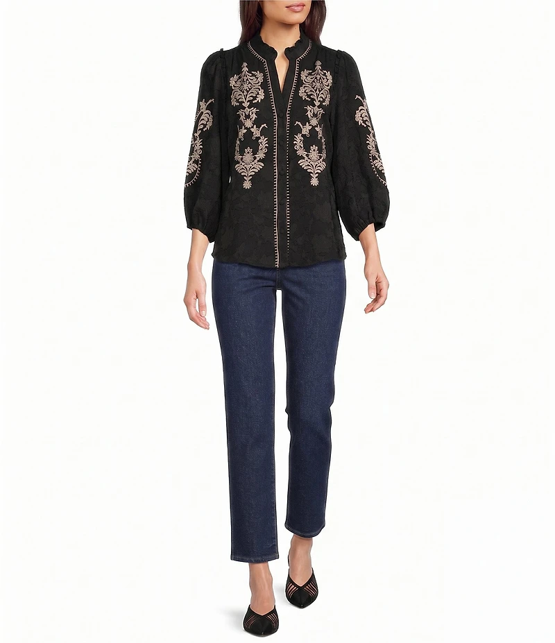 Calessa Woven Embroidered Split V-Neck Elbow Length Sleeve Top