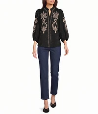 Calessa Woven Embroidered Split V-Neck Elbow Length Sleeve Top