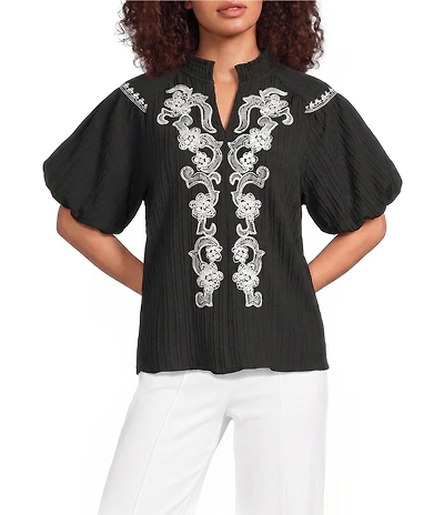 Calessa Woven Embroidered Split V-Neck Elbow Sleeve Tunic