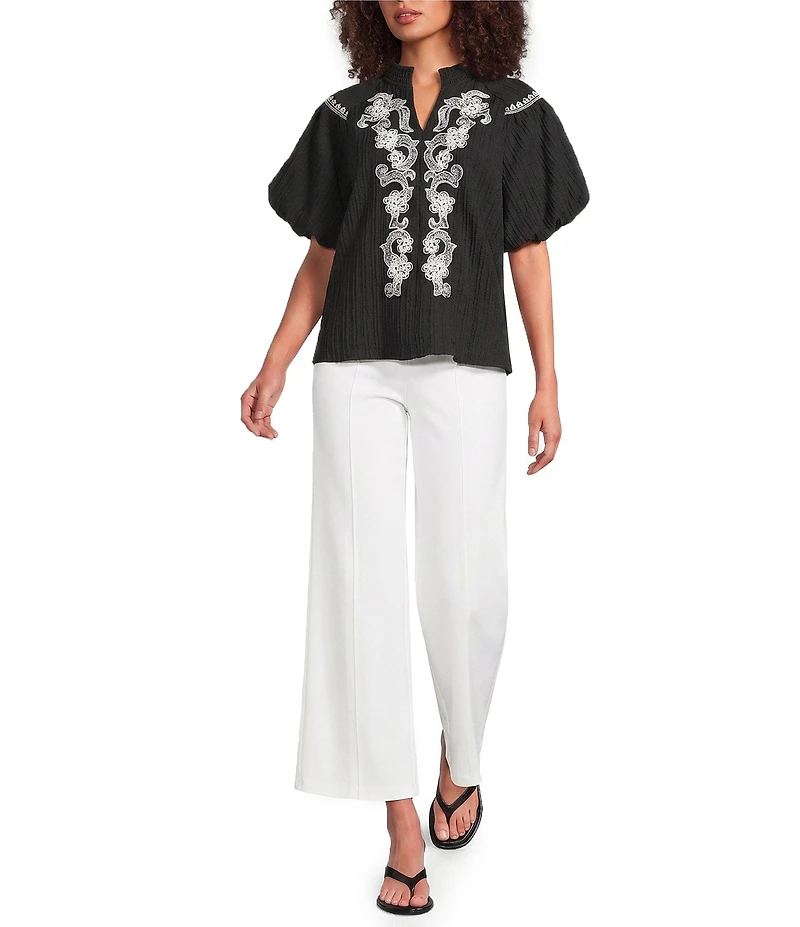 Calessa Woven Embroidered Split V-Neck Elbow Sleeve Tunic