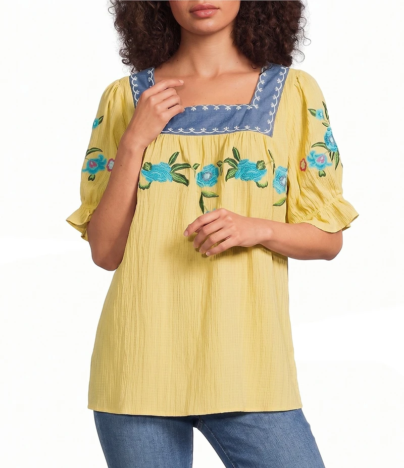 Calessa Woven Embroidered Square Neck Short Sleeve Tunic