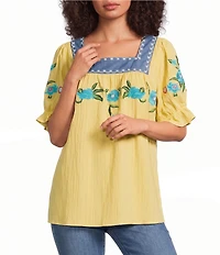 Calessa Woven Embroidered Square Neck Short Sleeve Tunic