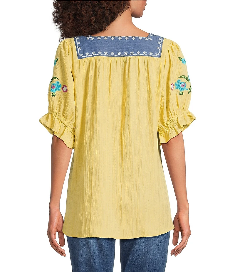 Calessa Woven Embroidered Square Neck Short Sleeve Tunic