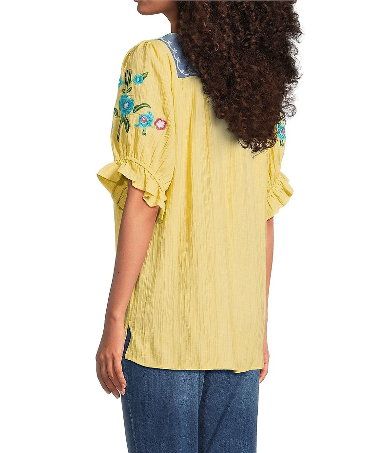 Calessa Woven Embroidered Square Neck Short Sleeve Tunic
