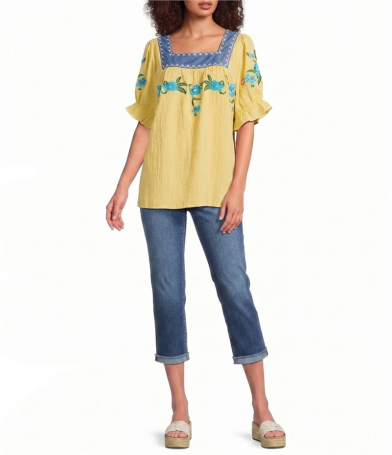 Calessa Woven Embroidered Square Neck Short Sleeve Tunic