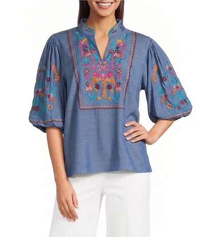 Calessa Woven Embroidered Stand Split V-Neck Elbow Puff Sleeve Top
