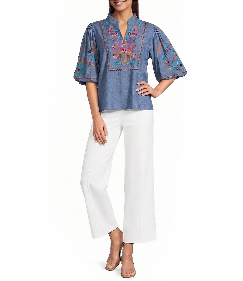 Calessa Woven Embroidered Stand Split V-Neck Elbow Puff Sleeve Top
