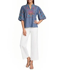 Calessa Woven Embroidered Stand Split V-Neck Elbow Puff Sleeve Top
