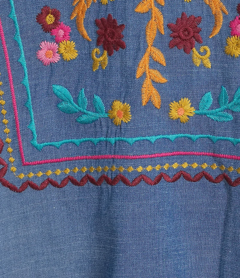 Calessa Woven Embroidered Stand Split V-Neck Elbow Puff Sleeve Top