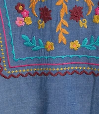 Calessa Woven Embroidered Stand Split V-Neck Elbow Puff Sleeve Top