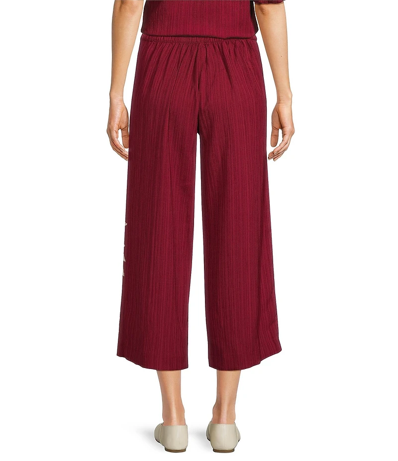 Calessa Woven Embroidered Trim Wide Leg Pull-On Pants