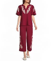 Calessa Woven Embroidered Trim Wide Leg Pull-On Pants