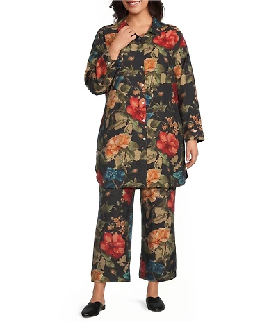 Calessa Plus Size Woven Floral Print Collar Long Sleeve Button Front Coordinating Tunic