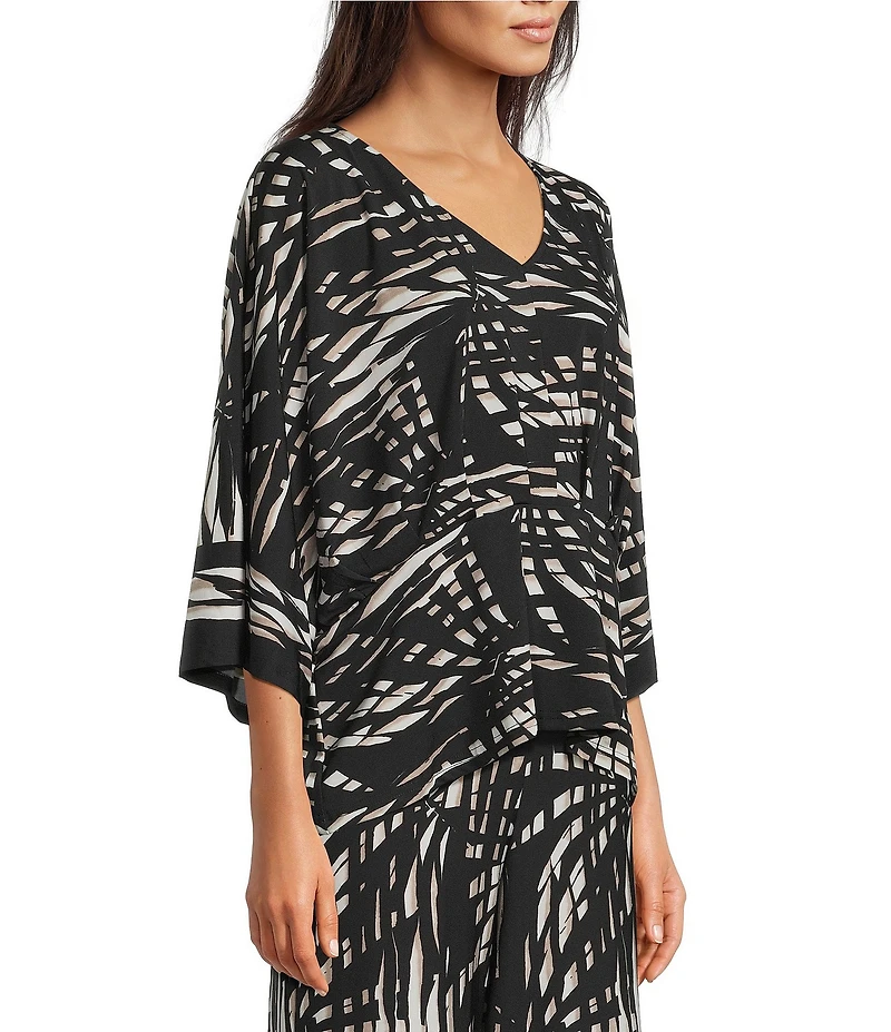 Calessa Coordinating Woven Geometric Print V-Neck 3/4 Sleeve Loose Top