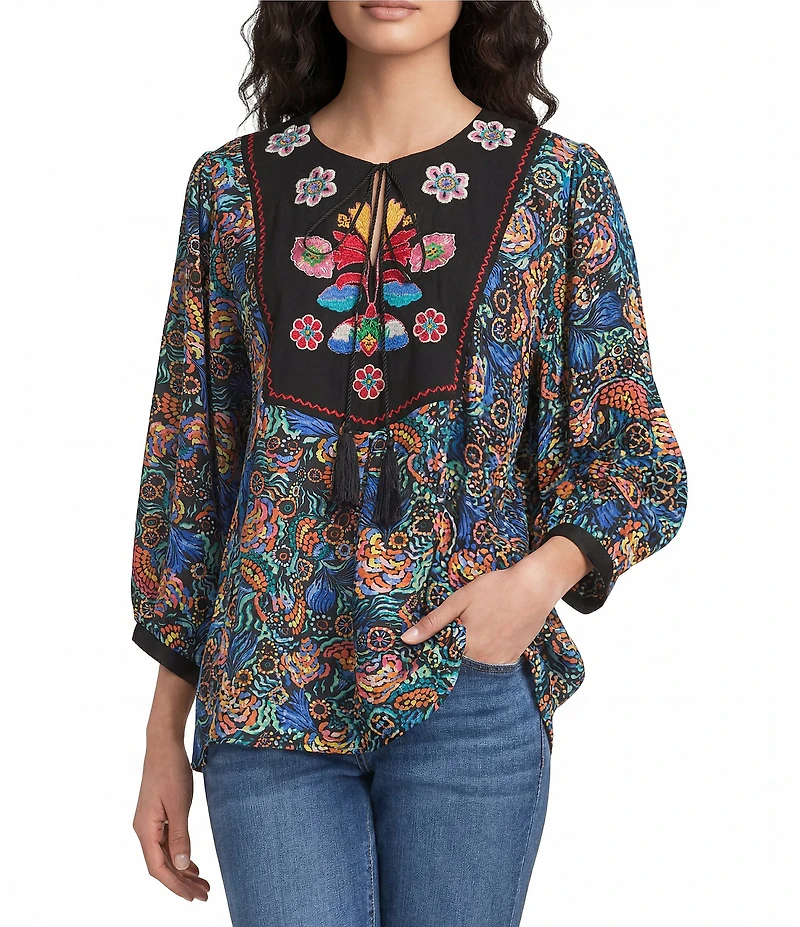 Calessa Woven Geometric Retro Round Split Neck 3/4 Sleeve Tunic
