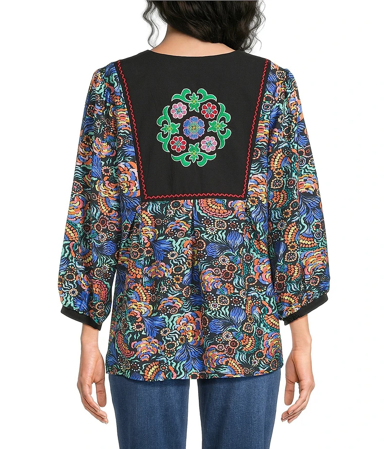 Calessa Woven Geometric Retro Round Split Neck 3/4 Sleeve Tunic