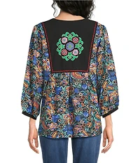 Calessa Woven Geometric Retro Round Split Neck 3/4 Sleeve Tunic