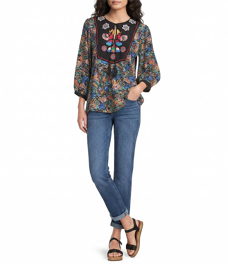 Calessa Woven Geometric Retro Round Split Neck 3/4 Sleeve Tunic