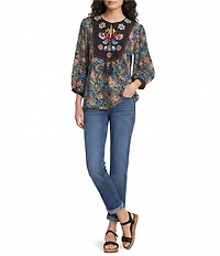 Calessa Woven Geometric Retro Round Split Neck 3/4 Sleeve Tunic