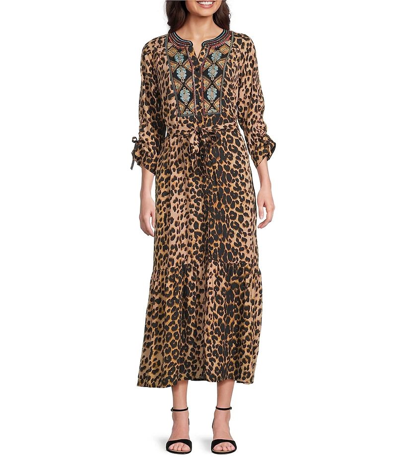 Calessa Woven Leopard Floral Print Split V-Neck 3/4 Sleeve Tiered Midi Dress
