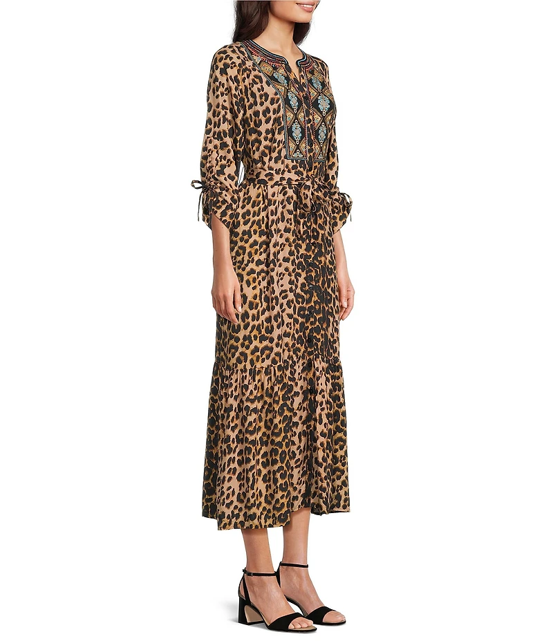 Calessa Woven Leopard Floral Print Split V-Neck 3/4 Sleeve Tiered Midi Dress