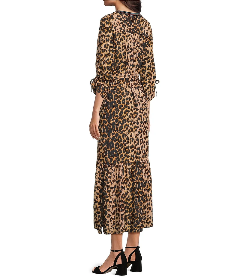 Calessa Woven Leopard Floral Print Split V-Neck 3/4 Sleeve Tiered Midi Dress