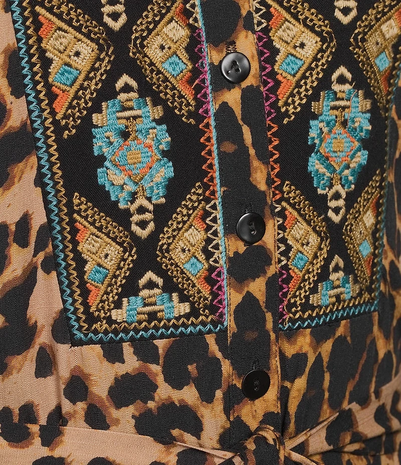 Calessa Woven Leopard Floral Print Split V-Neck 3/4 Sleeve Tiered Midi Dress