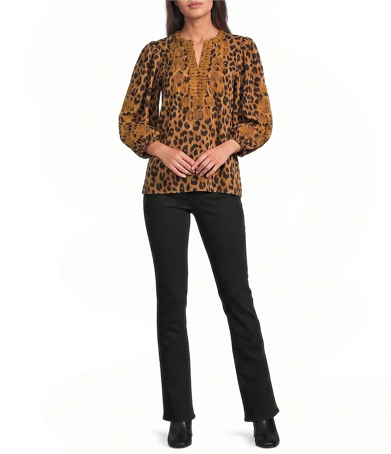 Calessa Woven Leopard Print Embroidered Trim Split V-Neck 3/4 Sleeve Tunic