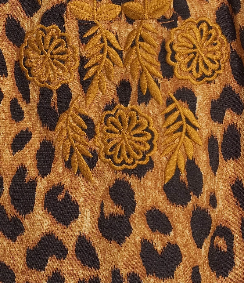 Calessa Woven Leopard Print Embroidered Trim Split V-Neck 3/4 Sleeve Tunic