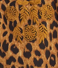 Calessa Woven Leopard Print Embroidered Trim Split V-Neck 3/4 Sleeve Tunic