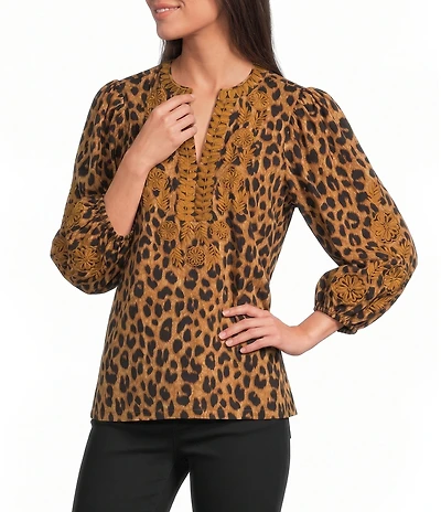 Calessa Woven Leopard Print Embroidered Trim Split V-Neck 3/4 Sleeve Tunic