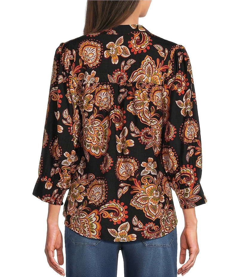 Calessa Woven Mixed Floral Split V-Neck 3/4 Sleeve Button-Front Shirt