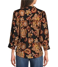 Calessa Woven Mixed Floral Split V-Neck 3/4 Sleeve Button-Front Shirt