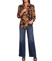 Calessa Woven Mixed Floral Split V-Neck 3/4 Sleeve Button-Front Shirt