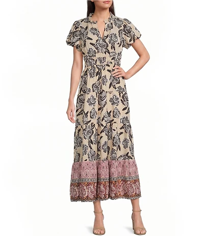 Calessa Woven Mixed Floral Split V-Neck Short Puff Sleeve A-Line Midi Dress