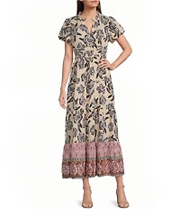 Calessa Woven Mixed Floral Split V-Neck Short Puff Sleeve A-Line Midi Dress